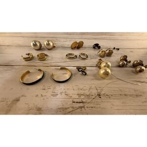 Vintage Earring Lot 11 Pairs Faux Pearl Gold Tone Enamel Hoops Cameo Clip On